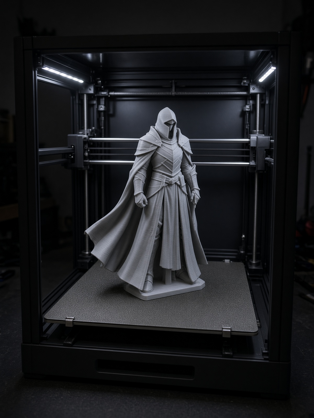 A 250 millimetre unpainted grey knight still on the build plate inside an enclosed printer chamber.