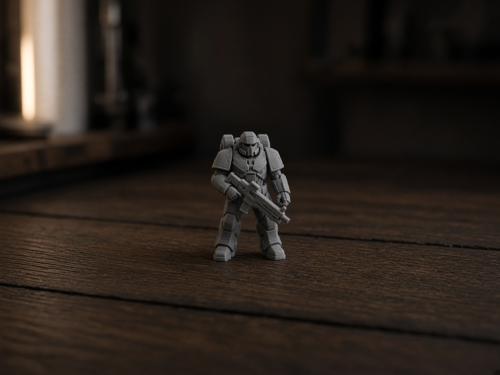 Unpainted grey PLA knight miniature on a dark oak bench, fine layer lines just visible in the side light.
