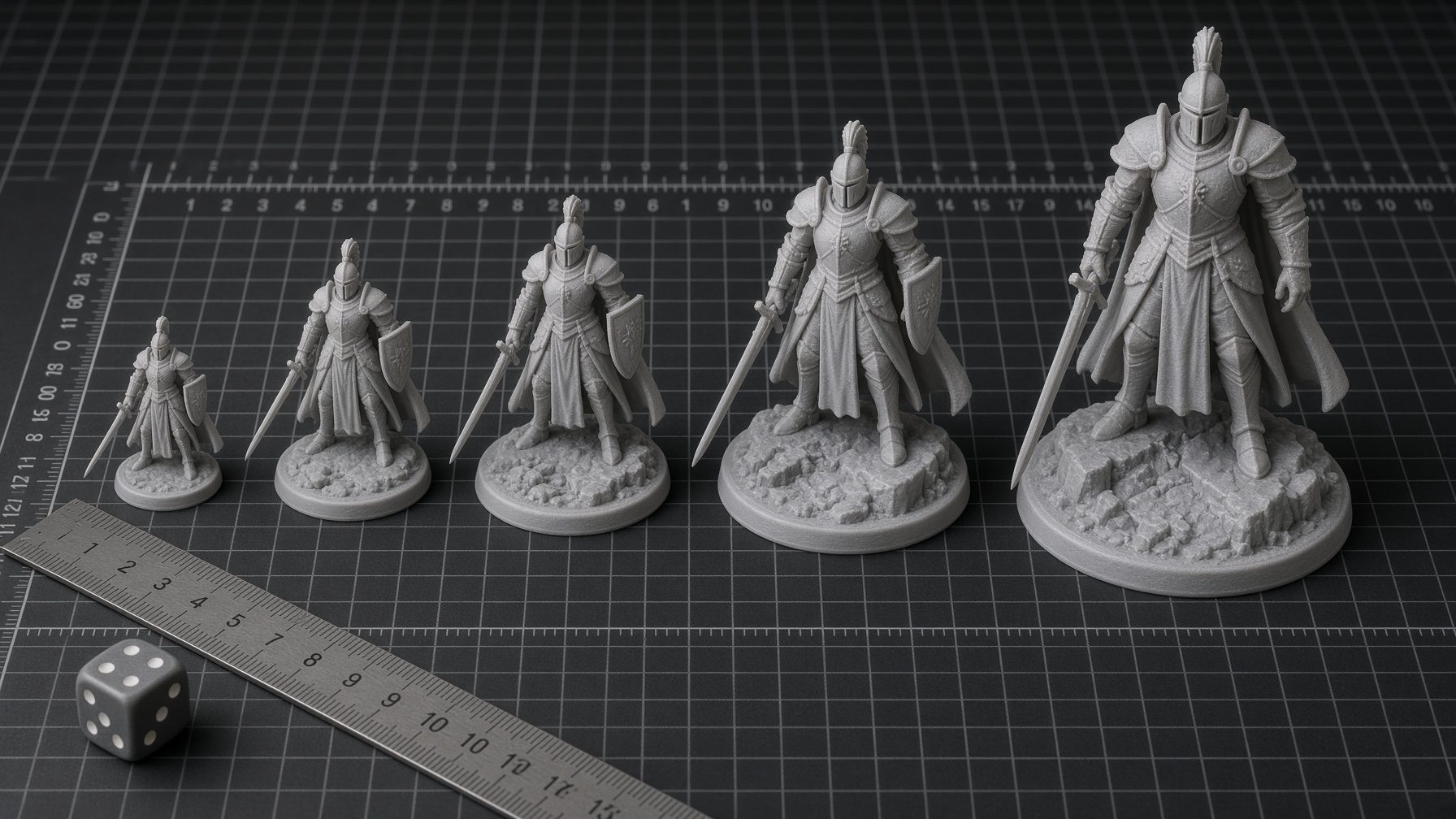 Five unpainted grey PLA knights of increasing height on a cutting mat with a steel ruler and a six-sided die for scale.