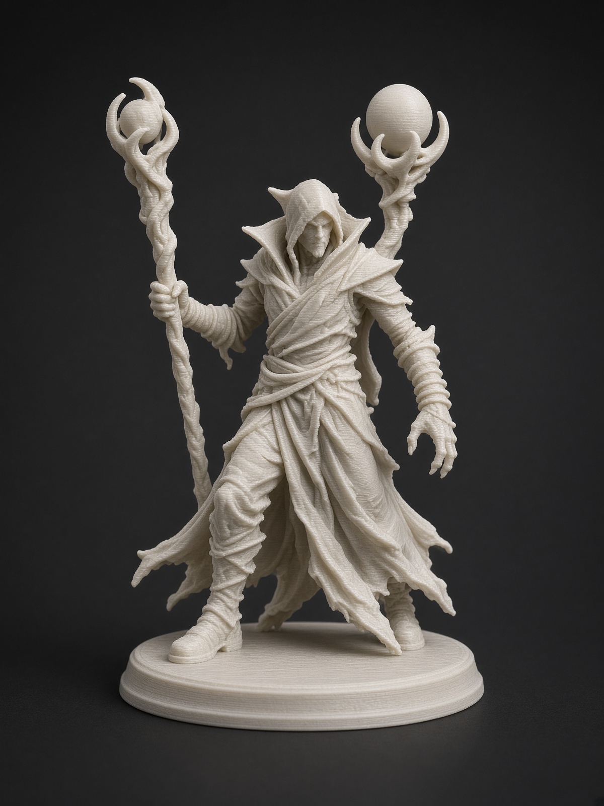 Unpainted white PLA mage with a high collar and a twisted staff.