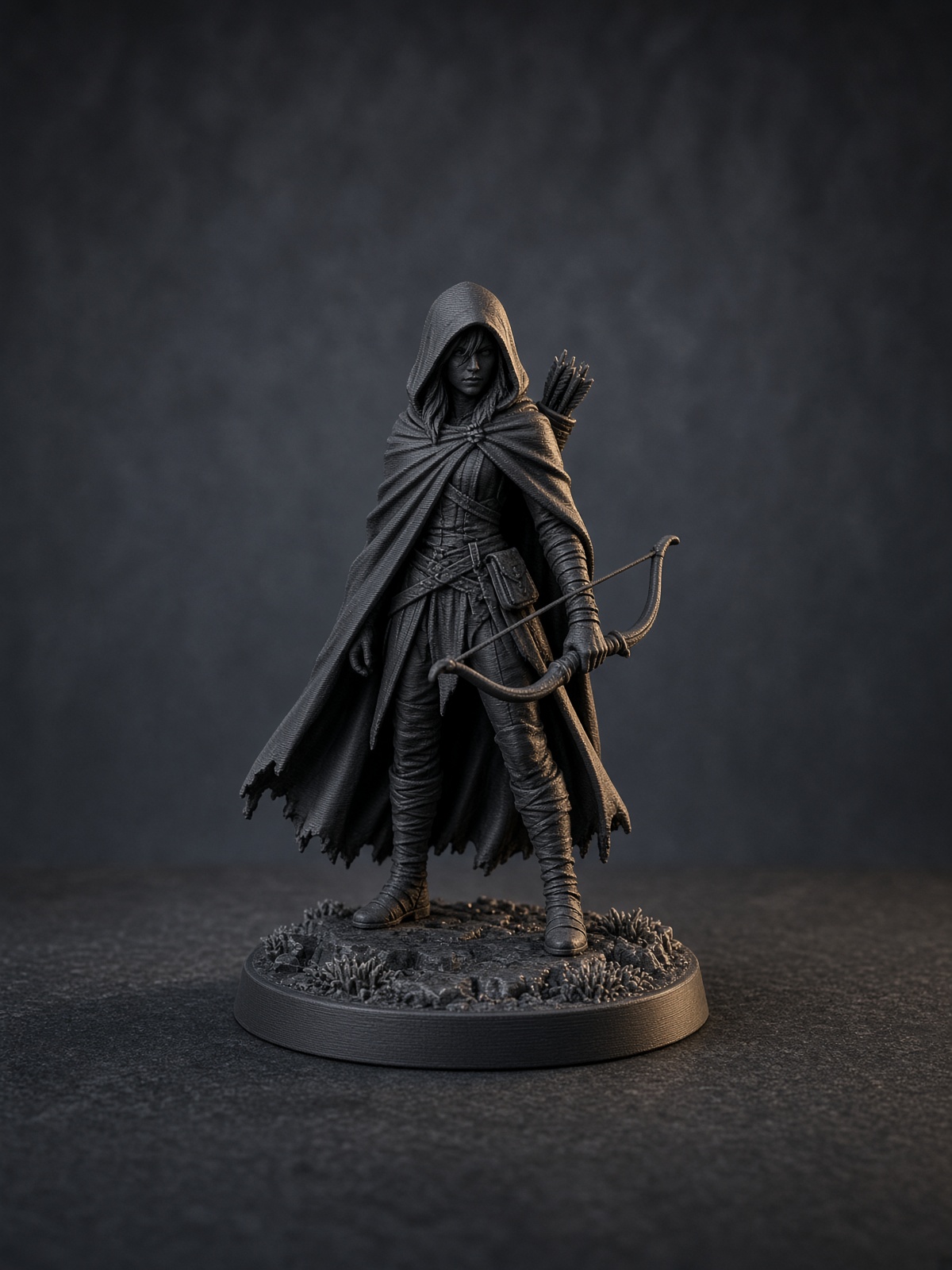 Unpainted black PLA ranger with a hooded cloak and short bow.
