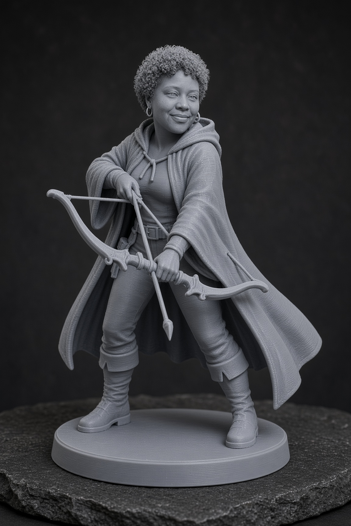 Unpainted grey PLA ranger miniature generated from that selfie.