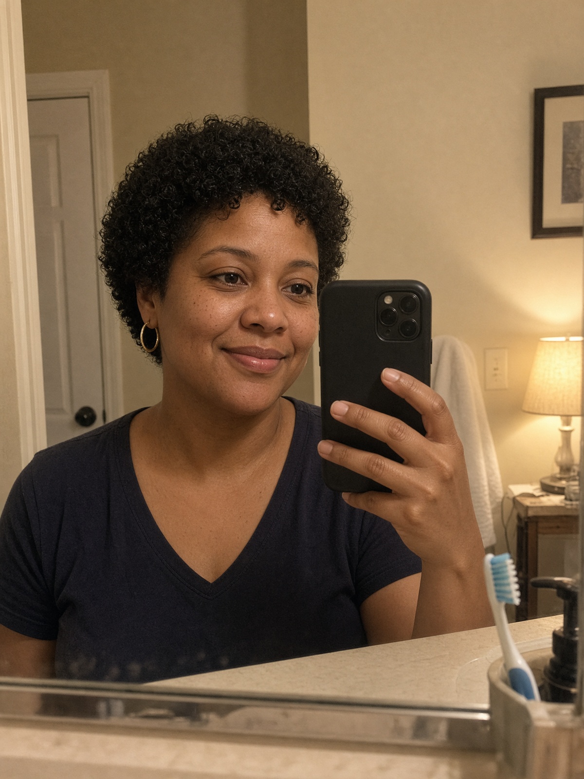 Reference selfie of a woman with short cropped hair.