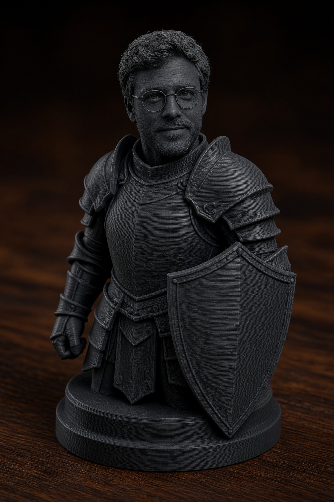 Unpainted black PLA knight miniature generated from that selfie.