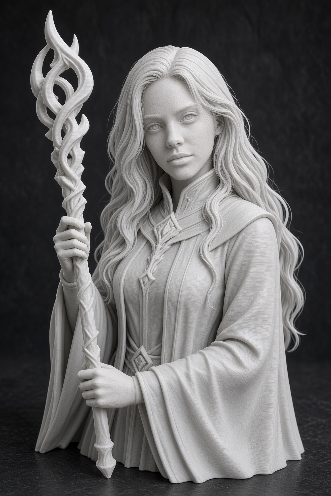 Unpainted white PLA mage miniature generated from that portrait.