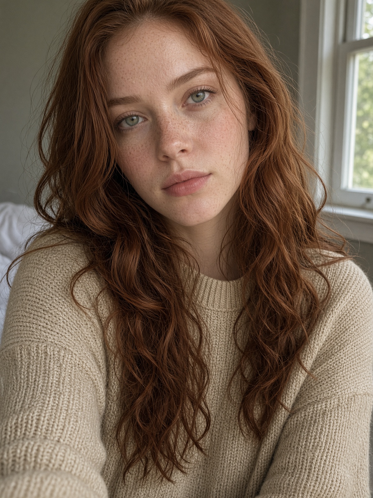Reference portrait of a woman with long auburn hair.