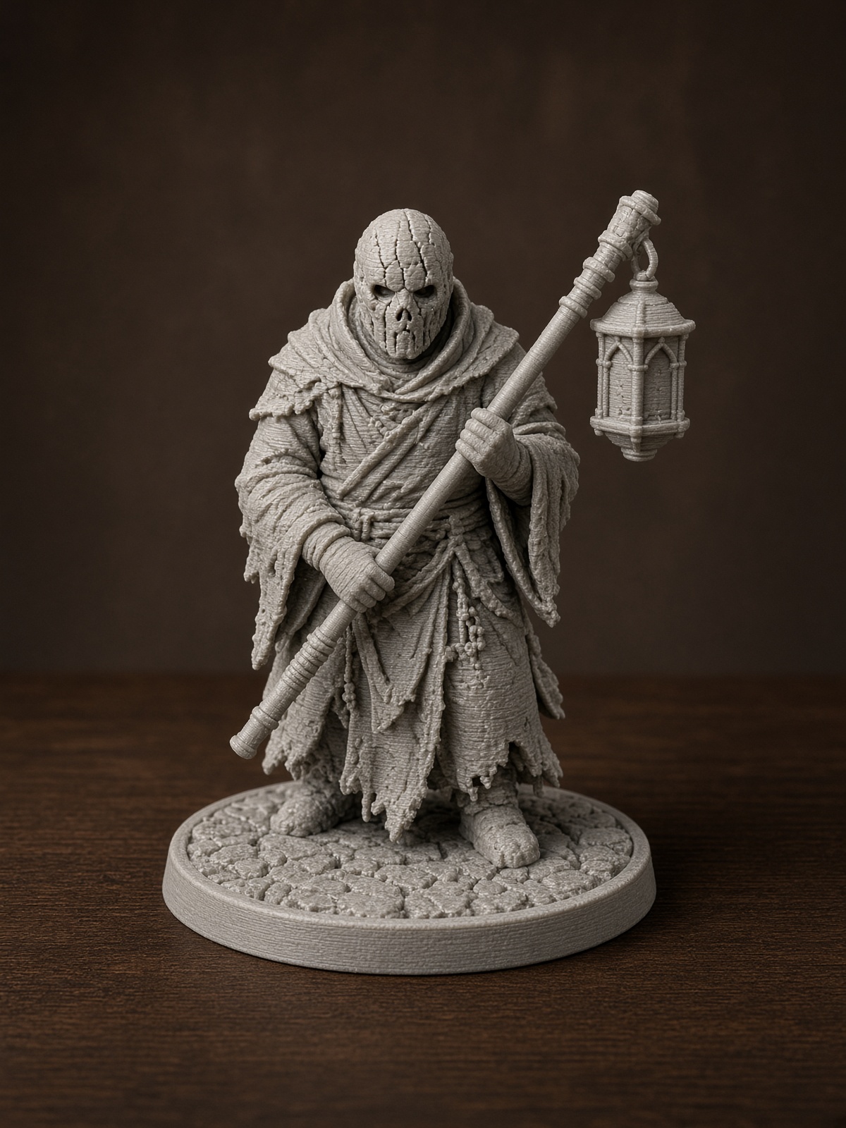 Unpainted grey PLA grave warden in layered robes with a lantern-pole.
